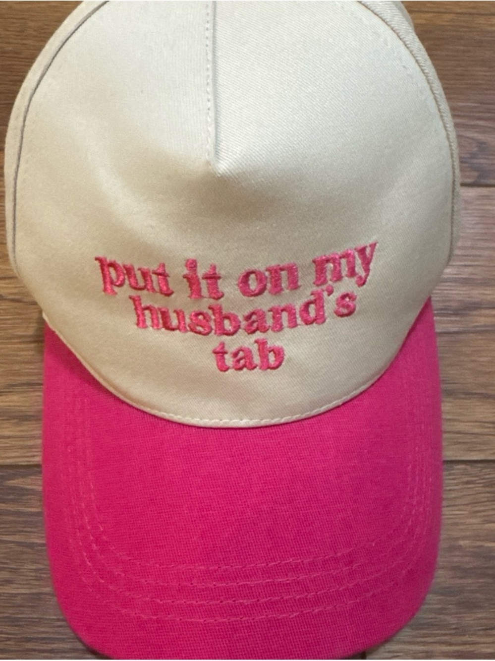 Beige & Hot Pink 'Put It On My Husband's Tab' Embroidered Baseball Cap